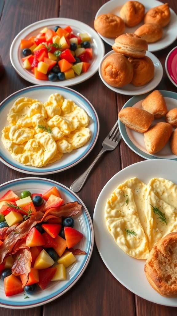 A delightful brunch spread with scrambled eggs, bacon, fruit salad, and pastries on a table.